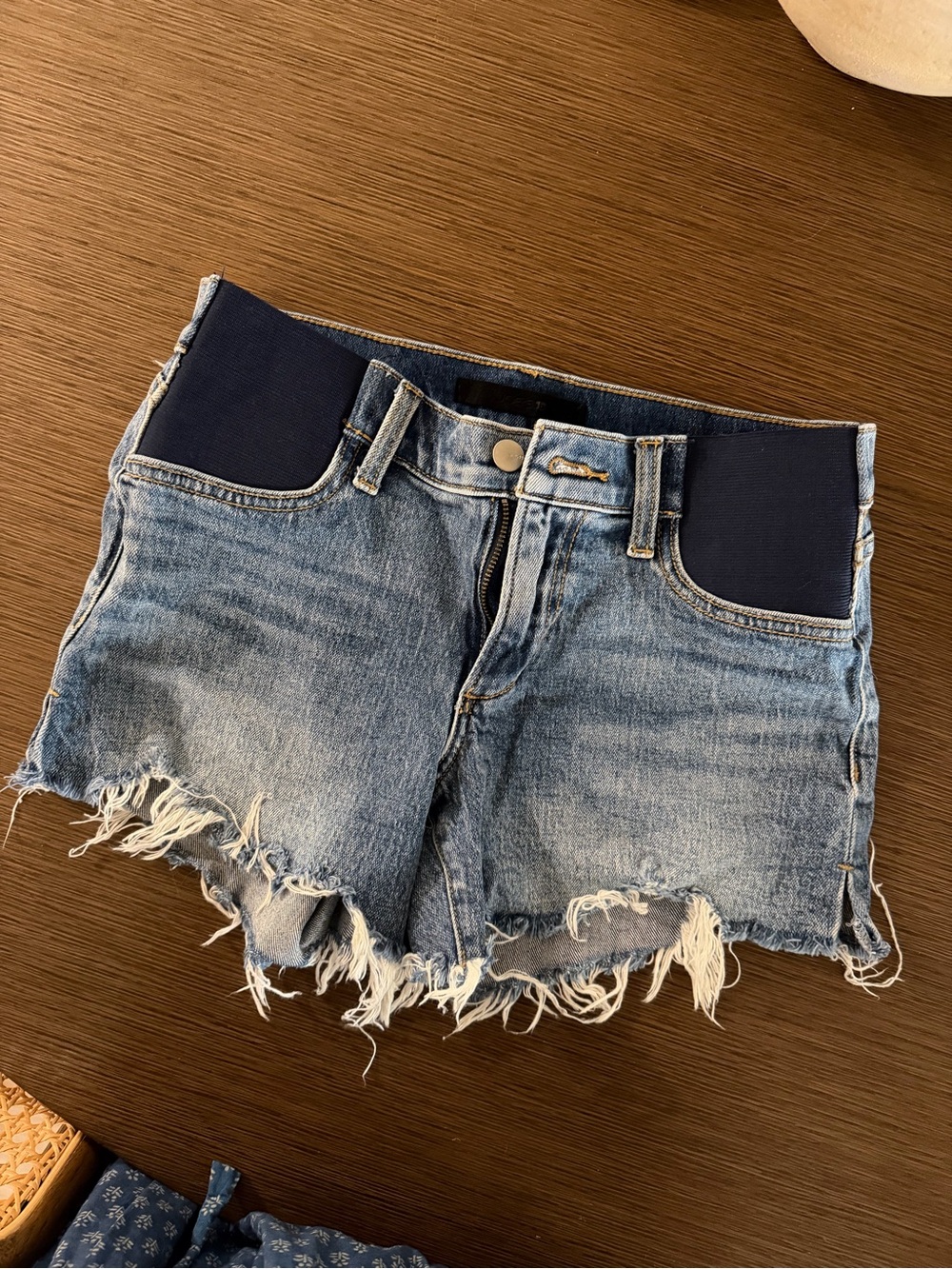 Maternity Joe's Jeans Light Blue Denim Frayed Shorts with Navy Panels